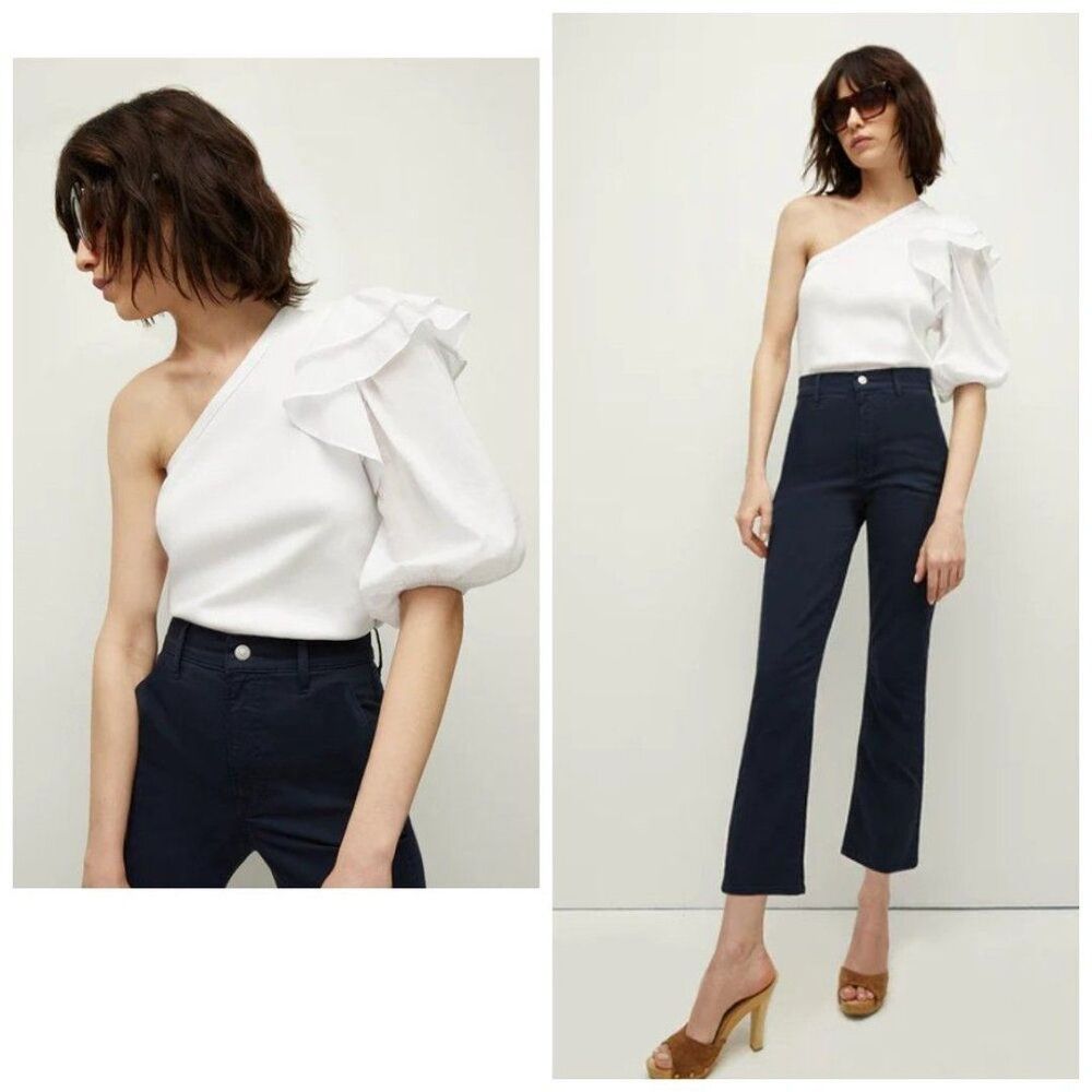 NWT Veronica Beard White One-Shoulder Ruffle Puff-Sleeve Top